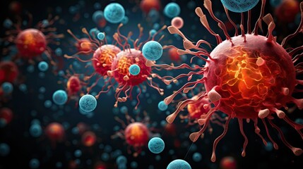 Wall Mural - Microscopic macroscopic close view of cells attacked by virus and bacteria science and medical microbiology render illustration imagery