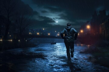 Wall Mural - Man Walking in Rainy Night