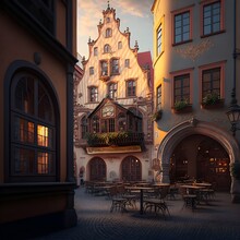 A Cafe In A 16th Century Bavarian Town Located In The Town Center 13thcentury Cathedral At The Background On A Plaza Adjacent To Baroque Buildings 8k Cinematic View Dramatic Lighting 
