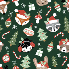  Seamless vector pattern with cute woodland animal faces and Christmas ornaments. Winter woodland with animals. Hand drawn illustration artwork. Perfect for textile, wallpaper or print design.