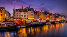 Beautiful Winter Evening View Of The Popular Nyhavn Area At Copenhagen, Denmark, Decorated For Christmas Time