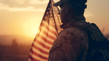 Portrait Of Man Soldier In Uniform Background Flag USA On Sunset. Banner Private Military Mission.