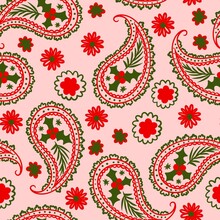 Hand Drawn Seamless Pattern With Christmas Winter Elements In Red Green Pink, Indian Paisley Traditional Retro Vintage Holly Holiday Plant Design. Bright Colorful Print For Celebration Decoration