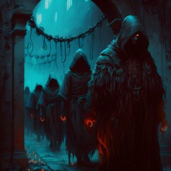 rows of hooded fantasy cultists chained up walking into hell sacrifice chamber in painterly anime style 