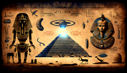 Wall Mural - Egyptian hieroglyphs, Egypts people worship aliens UFO flying saucers. Generation AI.