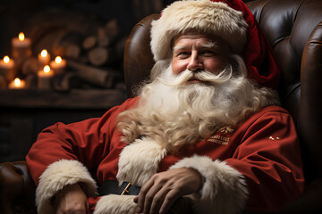  Surprised Santa Claus in a beautiful room next to the fireplace and Christmas tree sits with a sack of gifts