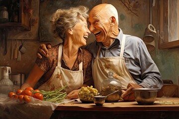 Illustration of Happy senior couple cooking together in the kitchen at home. Concept of friendly family. ai generative