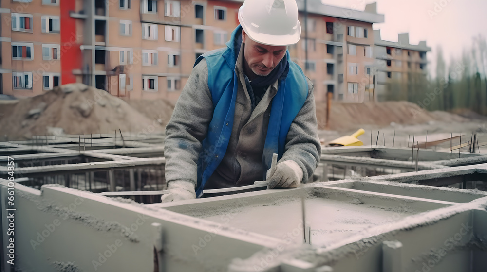 Worker prepares reinforcement for foundation. Concrete pouring during ...