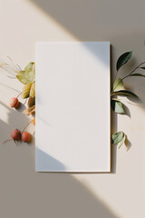 curated minimalist white empty blank pages paper with floral flower details canvas mock up with natural daylight and shadows for invitation cover poster art print in textured editorial magazine 