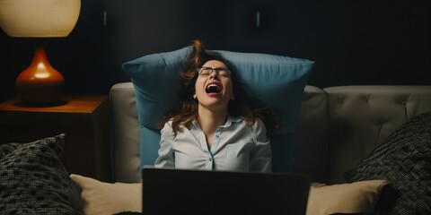 Top view of a young woman screaming with laptop, concept of Aggression