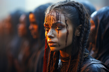 Fototapeta raw depiction of a bloodied tribal warrior woman post-battle.