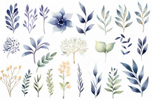 The Digital Watercolor Illustration Of Various Green, Blue, And Brown Leaves With Flowers Plants Patterns For Decoration Isolated On A White Background, Generated By AI.
