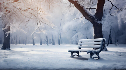 Wall Mural - Bench in the winter snow park