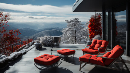 Wall Mural - Christmas getaway - resort - spa - vacation - mountains - skiing - luxury - patio - black and white with red color splash - overhead view - inspired by the scenery of western north carolina