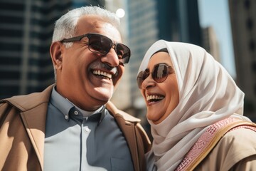 Wall Mural - senior couple happy expression outdoors in a city. ai generated