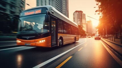 city bus in motion on a city road highway on blurred buildings background