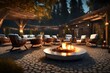 An image of a beautiful outdoor seating area, with several luxurious chairs arranged around a fire pit.