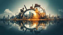 An Intriguing Double Exposure Image Blending A City Skyline With The Intricate Gears And Cogs Of A Mechanical Clock, Symbolizing The Harmony Of Urban Life And Precision