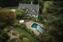 Bird's-eye View Of A Traditional House With A Slate Roof, Featuring A Pool And Lovely Garden. Generative AI