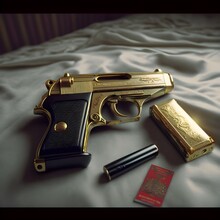 Looking Down Shiny Gold Walther PPk With Two Magazines And Document A Hotel Room Bed Shot Taken With A Natural 35mm F4 Canon Ae1 Camera 