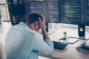 Photo of sadness upset young guy found his failed program code dont know solution app bug depressed devops at workstation home office
