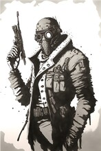 Fallout Postapocalyptic Character Veteran Ranger Wearing Trench Coat Wielding Sniper Rifle Wearing Gas Mask And Soldier Helmet Character Looks Like Black And White Sketch Illustration Watercolor 