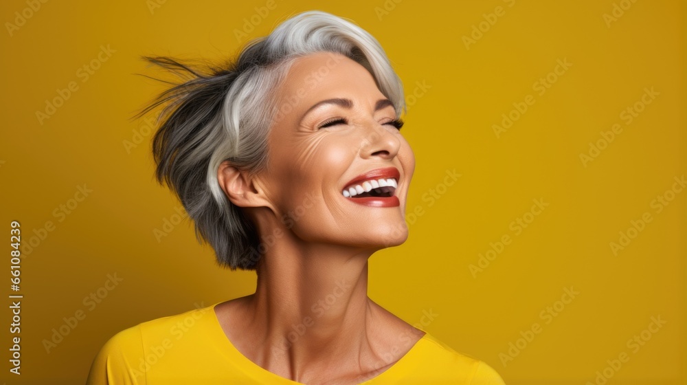 Portrait of a beautiful smiling aged woman with short gray hair on ...