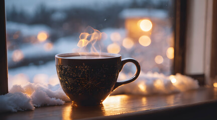 Warm drink on the windowsill in winter time, Winter coffee latte in white cup on windowsill 