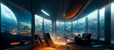 Fototapeta  - interior of a futuristic spaceship big window looking outside to massive planets and stars and spaceships futurism future futuristic sci fi science fiction epic lighting crazy composition super wide 