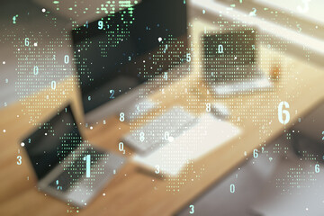 Wall Mural - multi exposure of abstract programming language hologram with world map and modern desk with compute