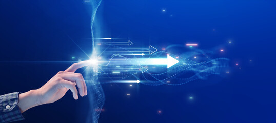 Poster - Businessman touching a polygon with bright lights and an arrow pointing forward. Finance capital investment economic growth. Digital technology in the era of change.