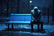 Blue monday concept. Depressed man in suit sitting alone on a bench in the middle of winter