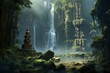 Enormous ancient protectors by waterfall and river in lush rainforest. Generative AI