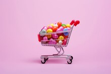 Generative AI Composition Of Miniature Shopping Trolley Cart With Assorted Multicolored Sweets Placed Near Fallen Sweets On Pink Background