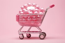 Generative AI illustration of composition of miniature shopping trolley with assorted multicolored mockup products placed on pink background