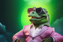 Generative AI Illustration Of Stylish Green Crocodile In Trendy Sunglasses And Outfit Looking Away Against Green Background