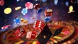 dice casino chips flying realistic tokens for gambling, cash for roulette or poker,