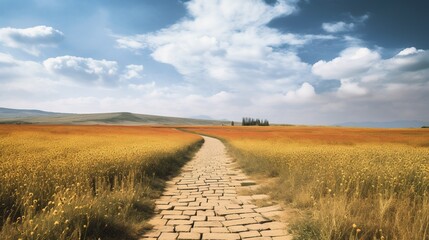 Wall Mural - Illustration of yellow brick road through green meadows, fantasy outdoor background.