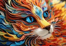 Close-up Of A Cat's Face With Bright Multicolored Fur. Illustration For Cover, Card, Postcard, Interior Design, Decor Or Print.
