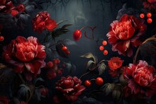 Dark and mysterious, red flowers dominate this fantasy wallpaper. Generative AI