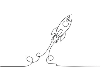 One continuous line drawing of simple retro spacecraft flying up to the outer space nebula. Rocket space ship launch into universe concept. Dynamic single line draw design vector graphic illustration