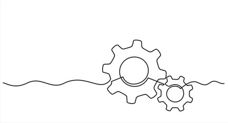 One continuous line illustration of gears wheels. Two cogwheels in lineart style. Symbol of teamwork, development, logo, emblem. Creative concept of business teamwork. 