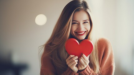 A beautiful young woman holds a red heart in her hands. Love concept for Valentine's Day. Illustration for cover, card, postcard, interior design, decor or print.