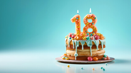 18th year birthday cake on isolated colorful pastel background