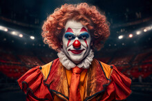 Portrait Of A Leading Clown In The Circus Arena. Face Portrait Of A Clown With A Red Nose And Sparkling Eyes Of Charming Comedy Expression.