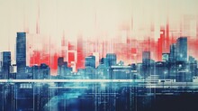 Generative AI, Poster With Cityscape In Risograph And Glitch Style, Vivid Colors