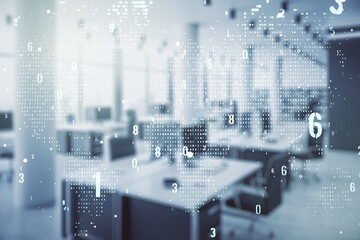 Wall Mural - multi exposure of abstract software development hologram and world map on modern corporate office ba