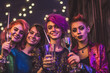 Smiling LGBTQ people celebrating New Year with champagne and sparklers at nightclub.