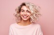 © tonstock - Closeup portrait of smile yong woman portrait in studio over pastel background, Generative AI