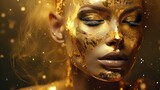 Fototapeta Sypialnia - Fashion art Golden skin Woman face portrait closeup. Gold jewellery, jewelry, accessories.